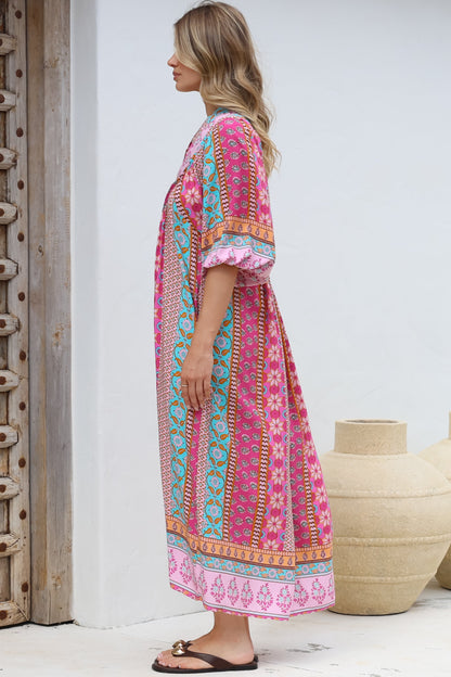 JAASE - Boheme Midi Dress: Piping Defined Bust Slimline Smock Dress in Cedella Print