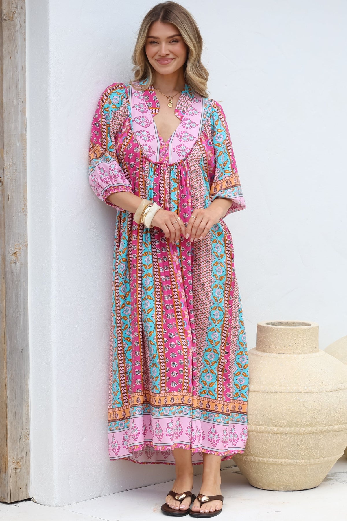 JAASE - Boheme Midi Dress: Piping Defined Bust Slimline Smock Dress in Cedella Print
