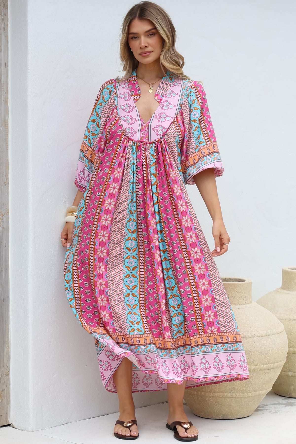 JAASE - Boheme Midi Dress: Piping Defined Bust Slimline Smock Dress in Cedella Print