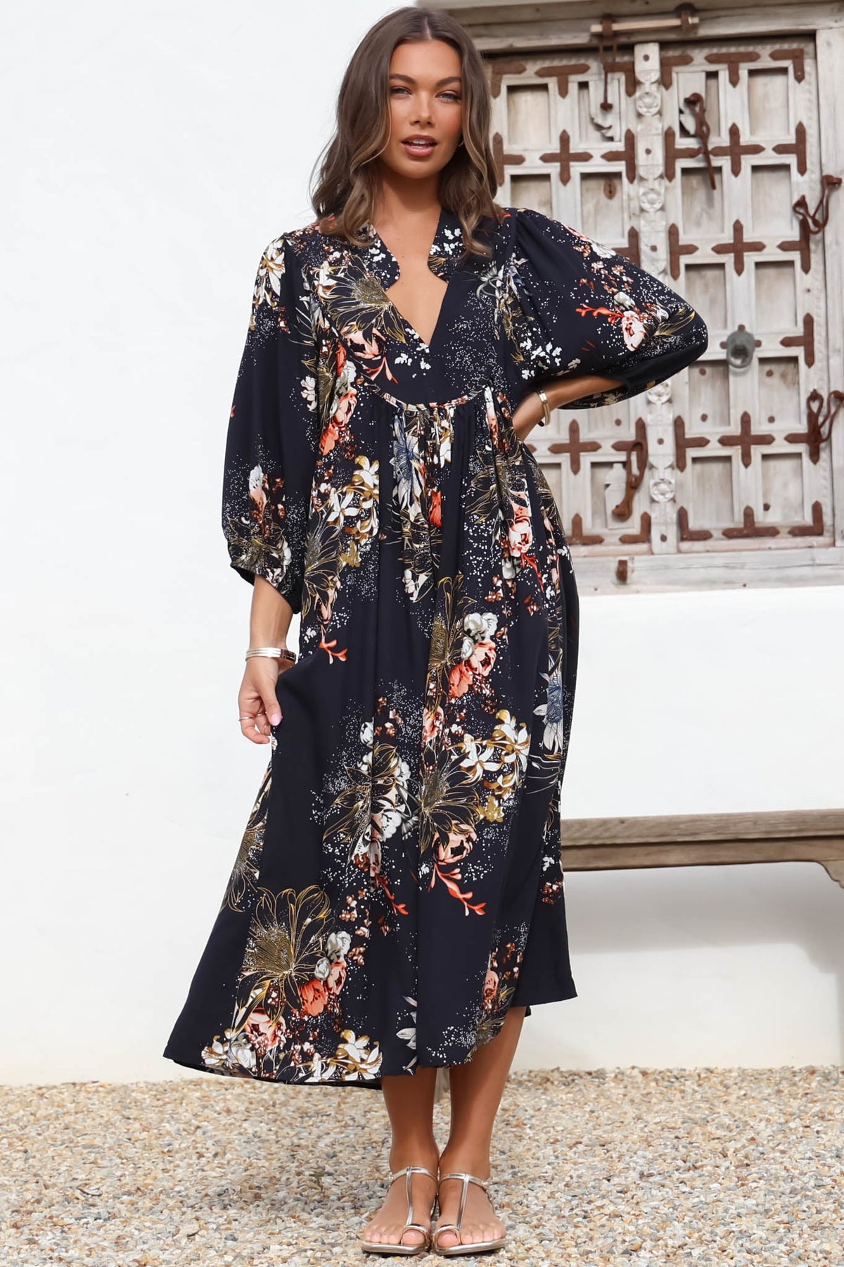JAASE - Boheme Midi Dress: Piping Defined Bust Slimline Smock Dress In Indigo Print