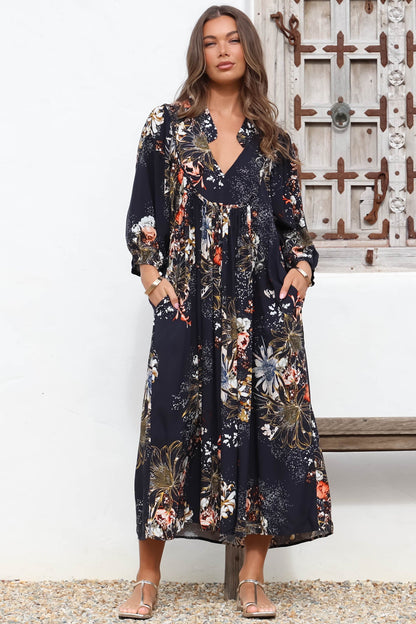 JAASE - Boheme Midi Dress: Piping Defined Bust Slimline Smock Dress In Indigo Print