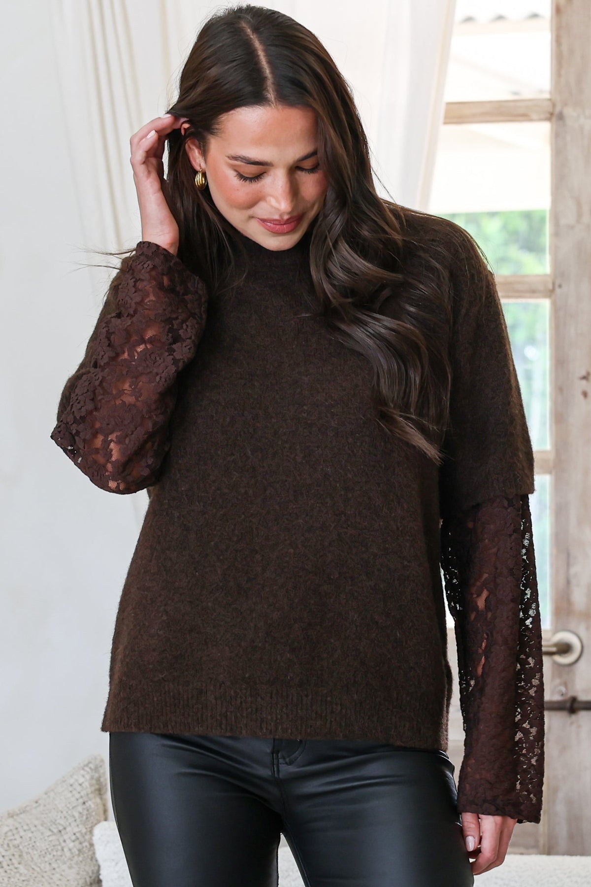 Calloway Knit Top - Crew Neck Knit with Lace Sleeve Inserts in Chocolate