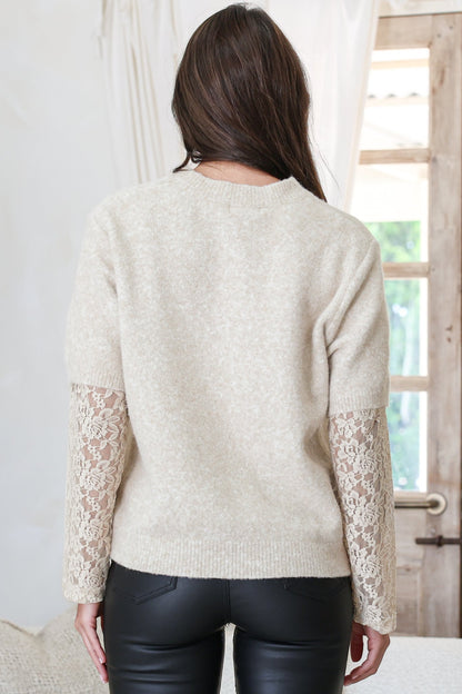 Calloway Knit Top - Crew Neck Knit with Lace Sleeve Inserts in Cream