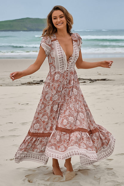 JAASE - Carmen Maxi Dress: Butterfly Cap Sleeve Button Down A Line Dress with Lace Trim in Indah Print