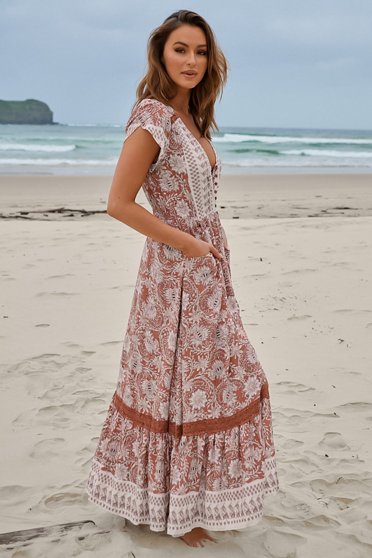 JAASE - Carmen Maxi Dress: Butterfly Cap Sleeve Button Down A Line Dress with Lace Trim in Indah Print