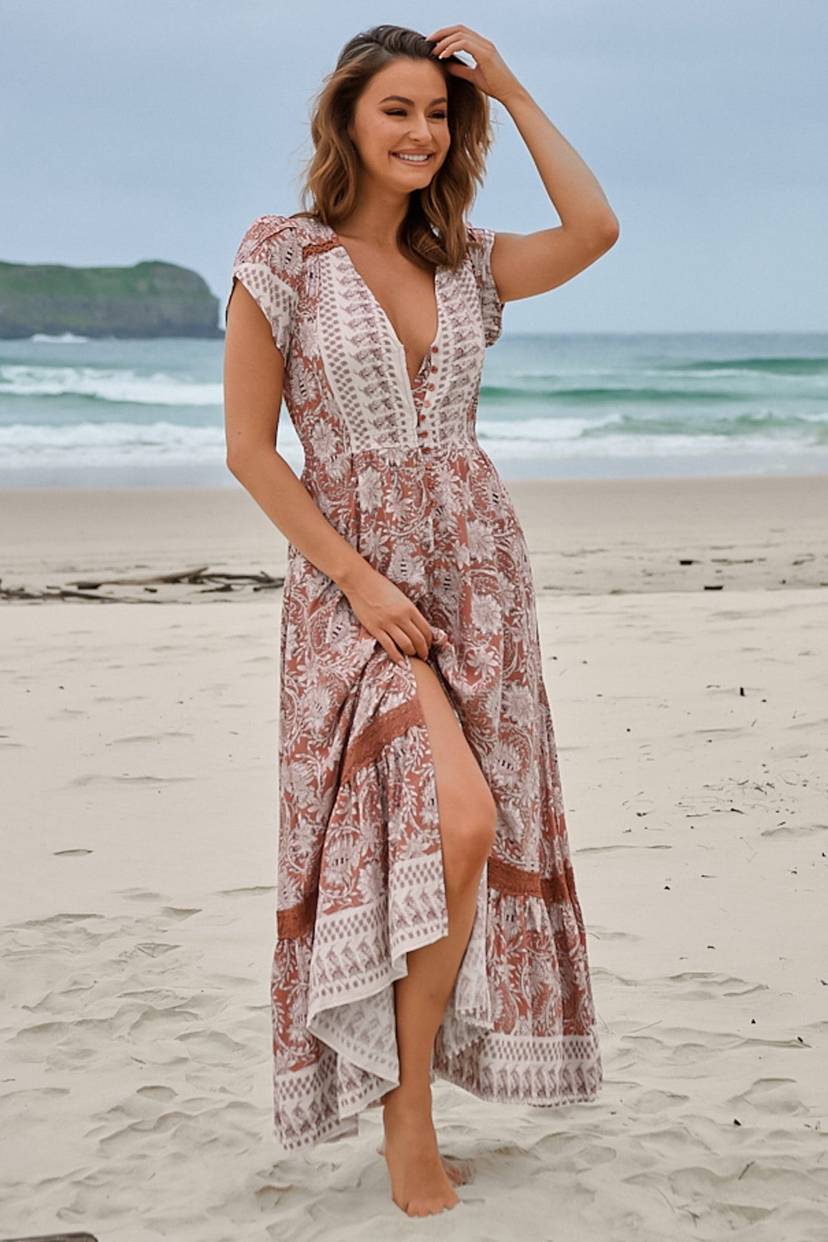 JAASE - Carmen Maxi Dress: Butterfly Cap Sleeve Button Down A Line Dress with Lace Trim in Indah Print