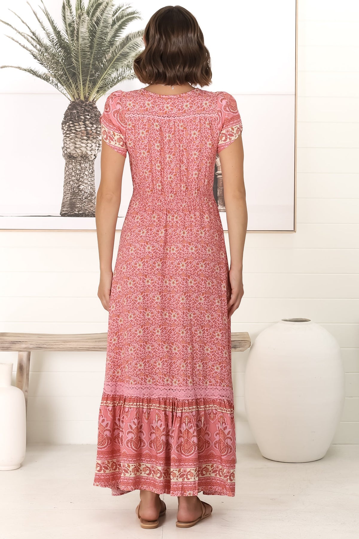 JAASE - Carmen Maxi Dress: Butterfly Cap Sleeve Button Down A Line Dress with Lace Trim in Strawberries and Cream Print