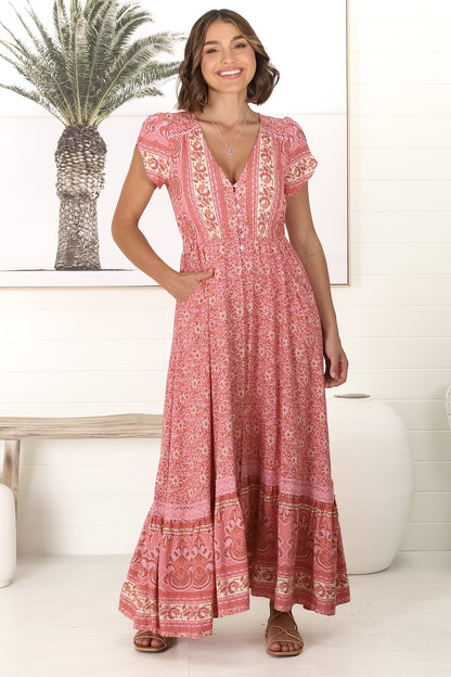 JAASE - Carmen Maxi Dress: Butterfly Cap Sleeve Button Down A Line Dress with Lace Trim in Strawberries and Cream Print