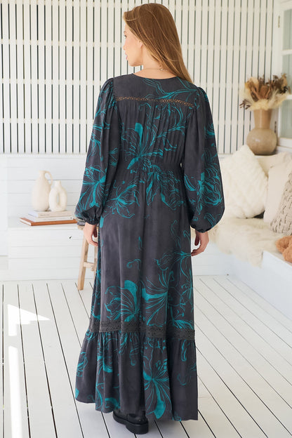 JAASE - Carmen Long Sleeve Maxi Dress: Button Down A Line Dress with Lace Trim in Midnight Lilly Print