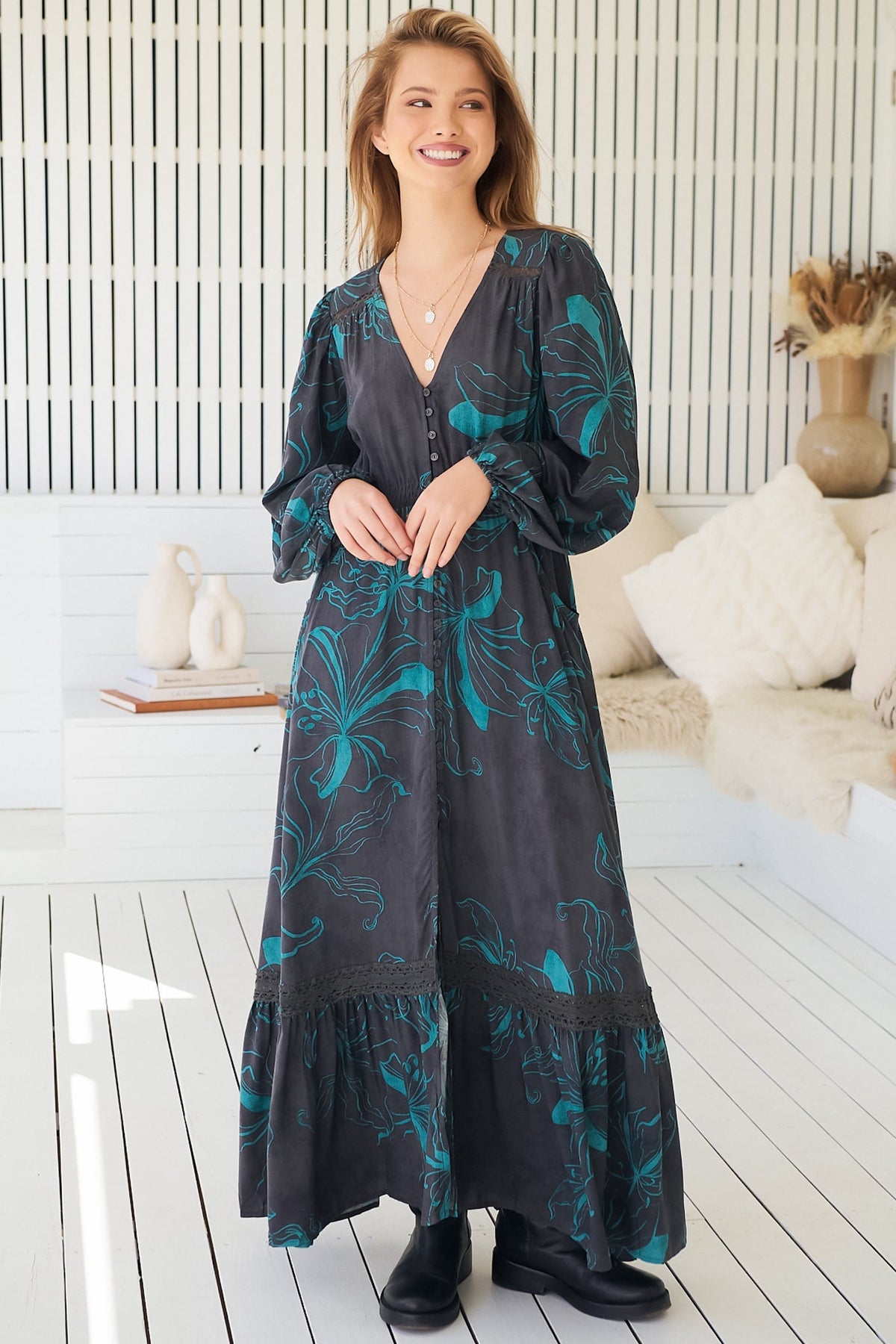 JAASE - Carmen Long Sleeve Maxi Dress: Button Down A Line Dress with Lace Trim in Midnight Lilly Print