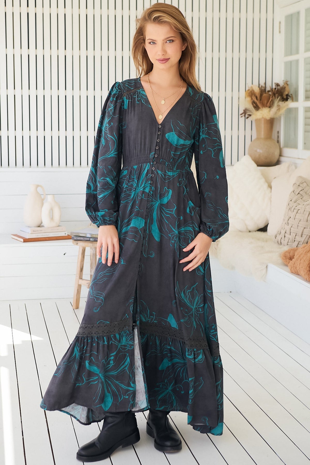 JAASE - Carmen Long Sleeve Maxi Dress: Button Down A Line Dress with Lace Trim in Midnight Lilly Print