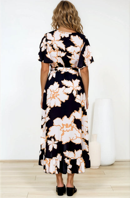 Carolina Midi Dress - V Neck Wrap Dress with Ruffle High Low Hemline in Illaria Print