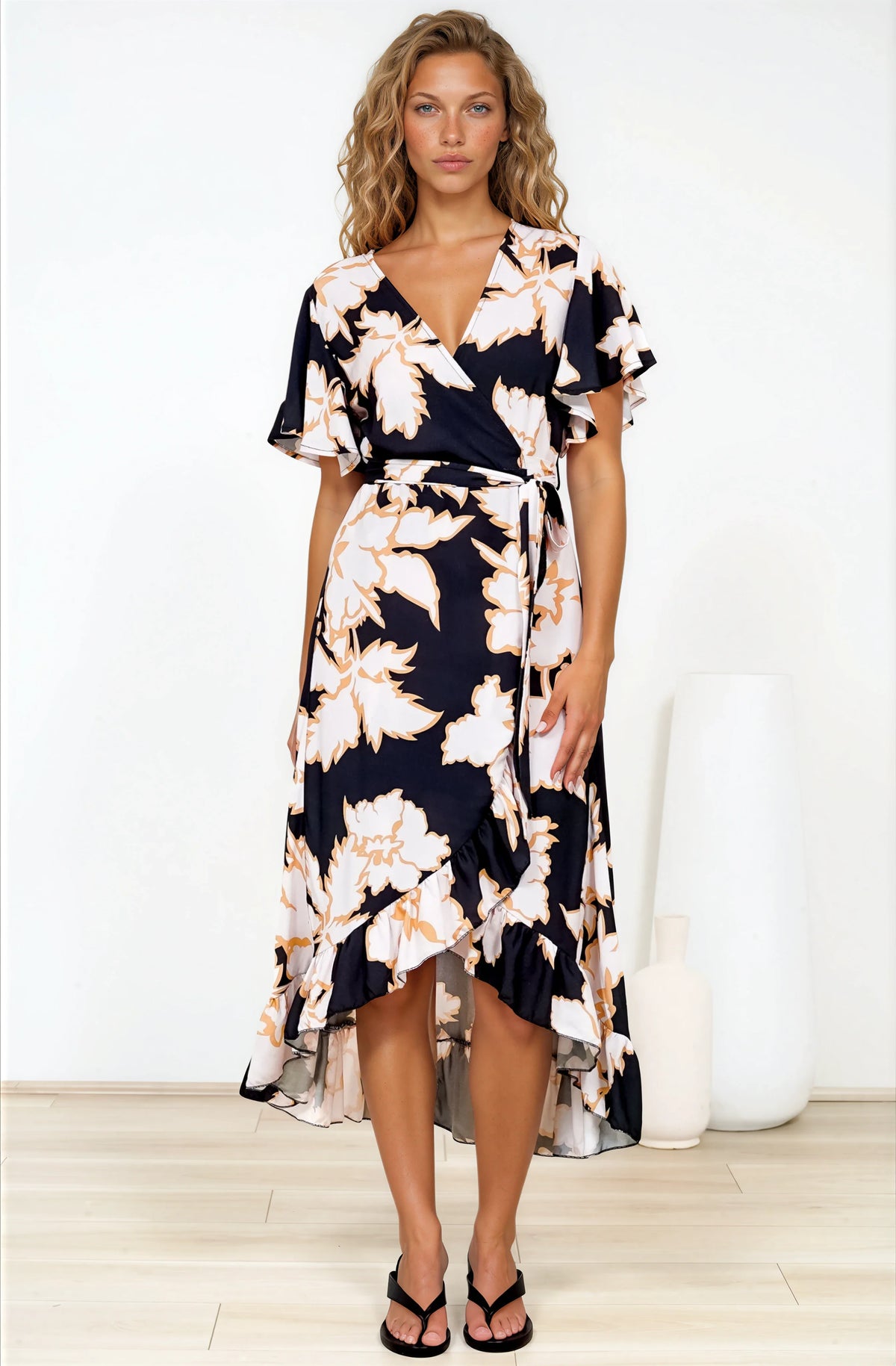 Carolina Midi Dress - V Neck Wrap Dress with Ruffle High Low Hemline in Illaria Print