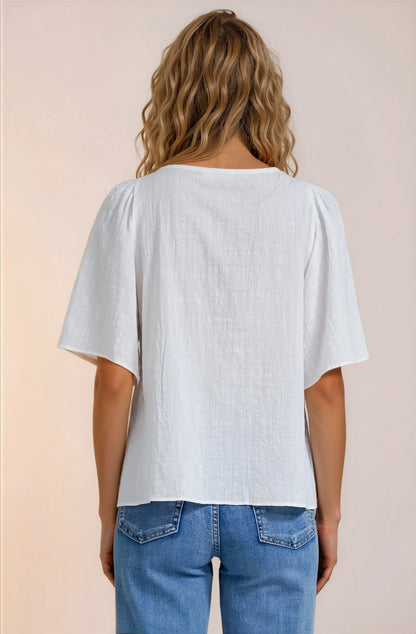 Casita Top - Scoop Neck Textured Babydoll Top with Flutter Sleeves in White