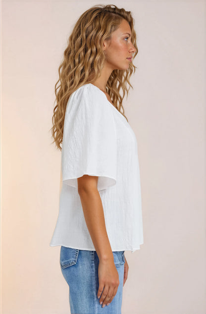 Casita Top - Scoop Neck Textured Babydoll Top with Flutter Sleeves in White