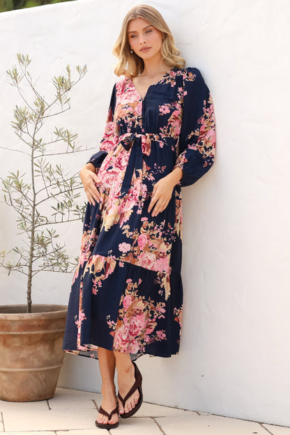 Cassandra Midi Dress - Tiered Long Sleeve Dress with Waist Tie in Vela Print Navy
