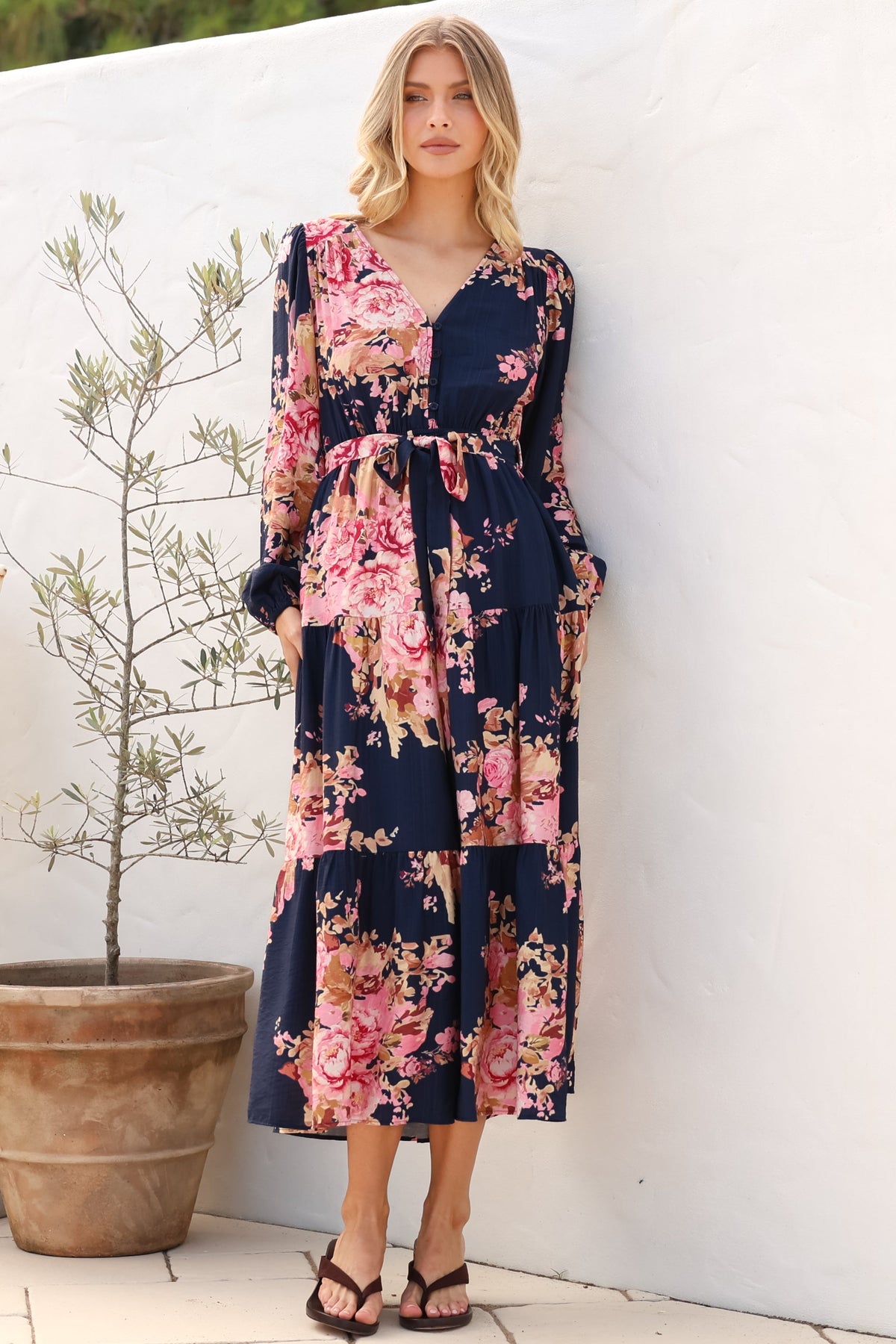 Cassandra Midi Dress - Tiered Long Sleeve Dress with Waist Tie in Vela Print Navy