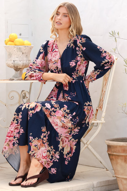 Cassandra Midi Dress - Tiered Long Sleeve Dress with Waist Tie in Vela Print Navy