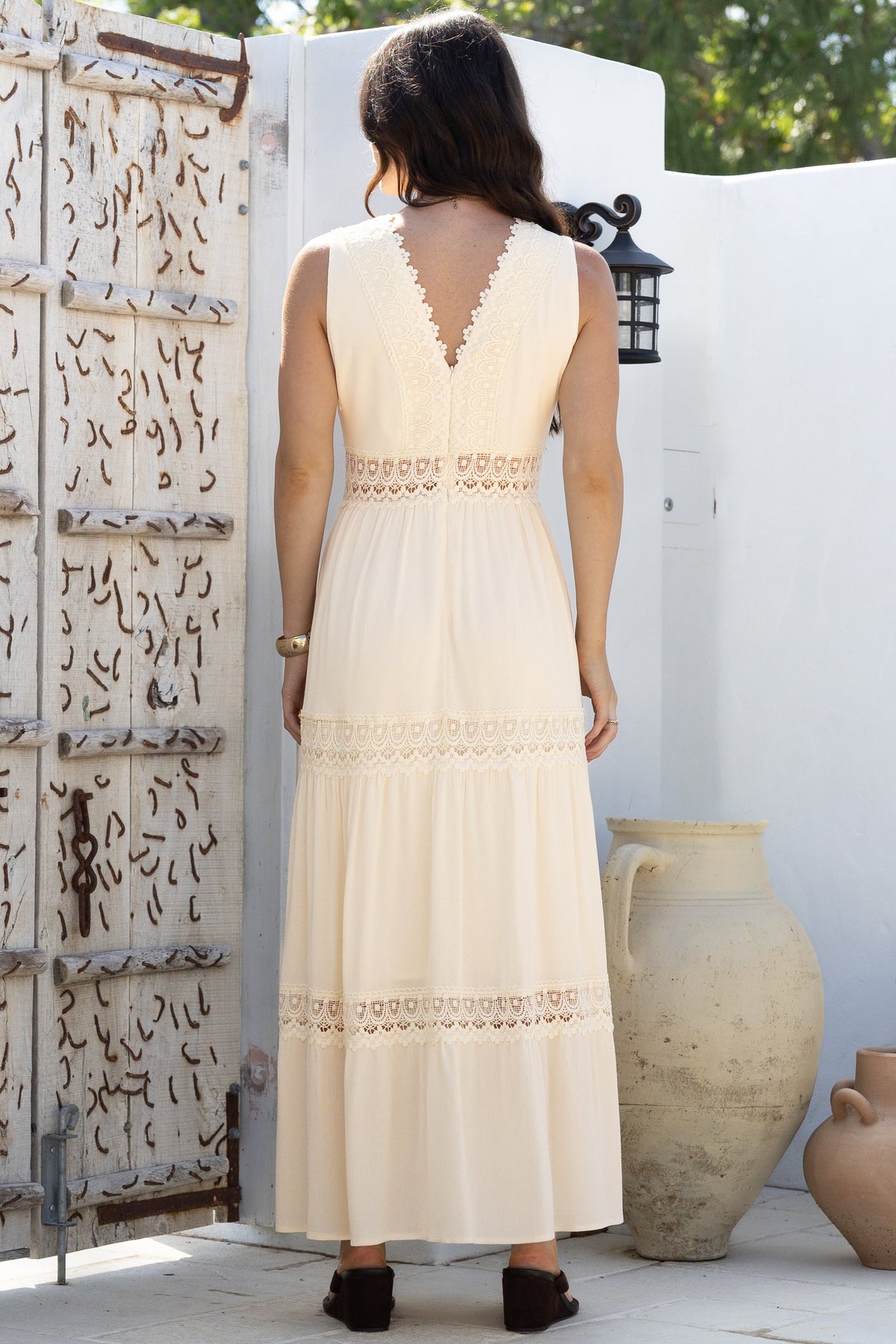 Cassia Maxi Dress - Lace Trim V-Neck Sleeveless with Lace Splicing Dress in Cream