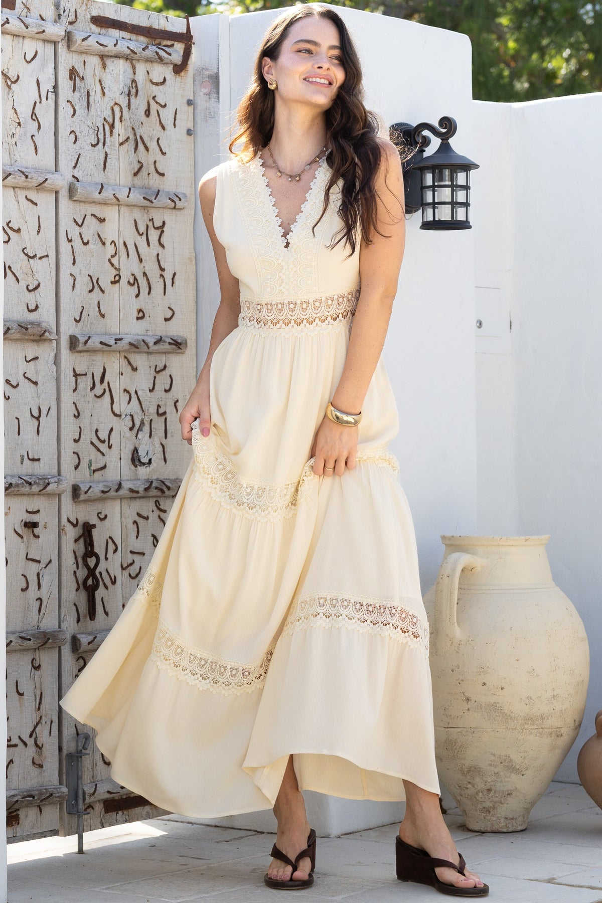 Cassia Maxi Dress - Lace Trim V-Neck Sleeveless with Lace Splicing Dress in Cream