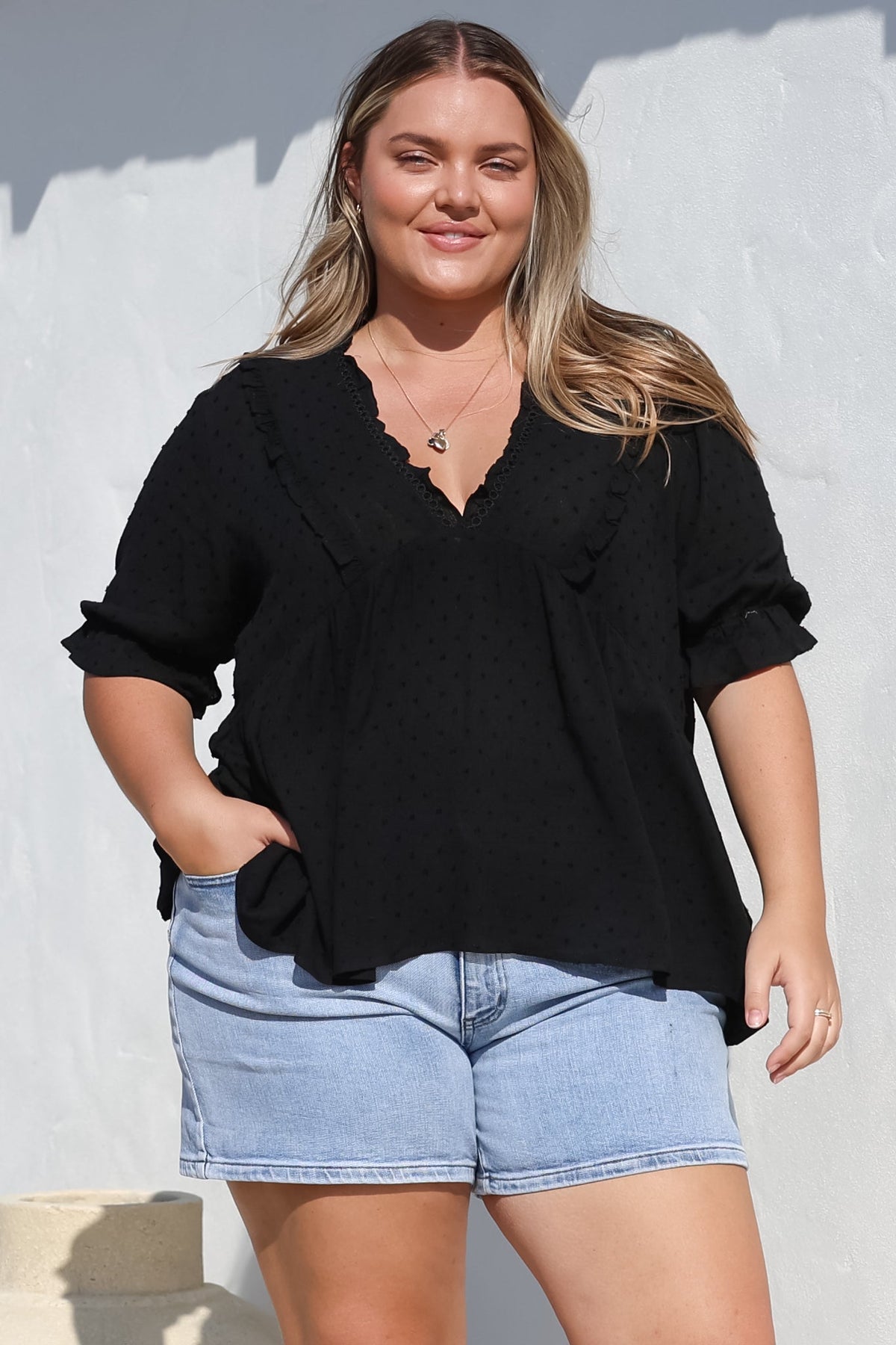 Catha Top - Frill Neckline Empire Bustline Top with Short Balloon Sleeves in Black