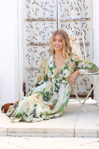 Celita Maxi Dress - Deep V Neck Dress with Flowing Balloon Sleeves in Kamara Print Green