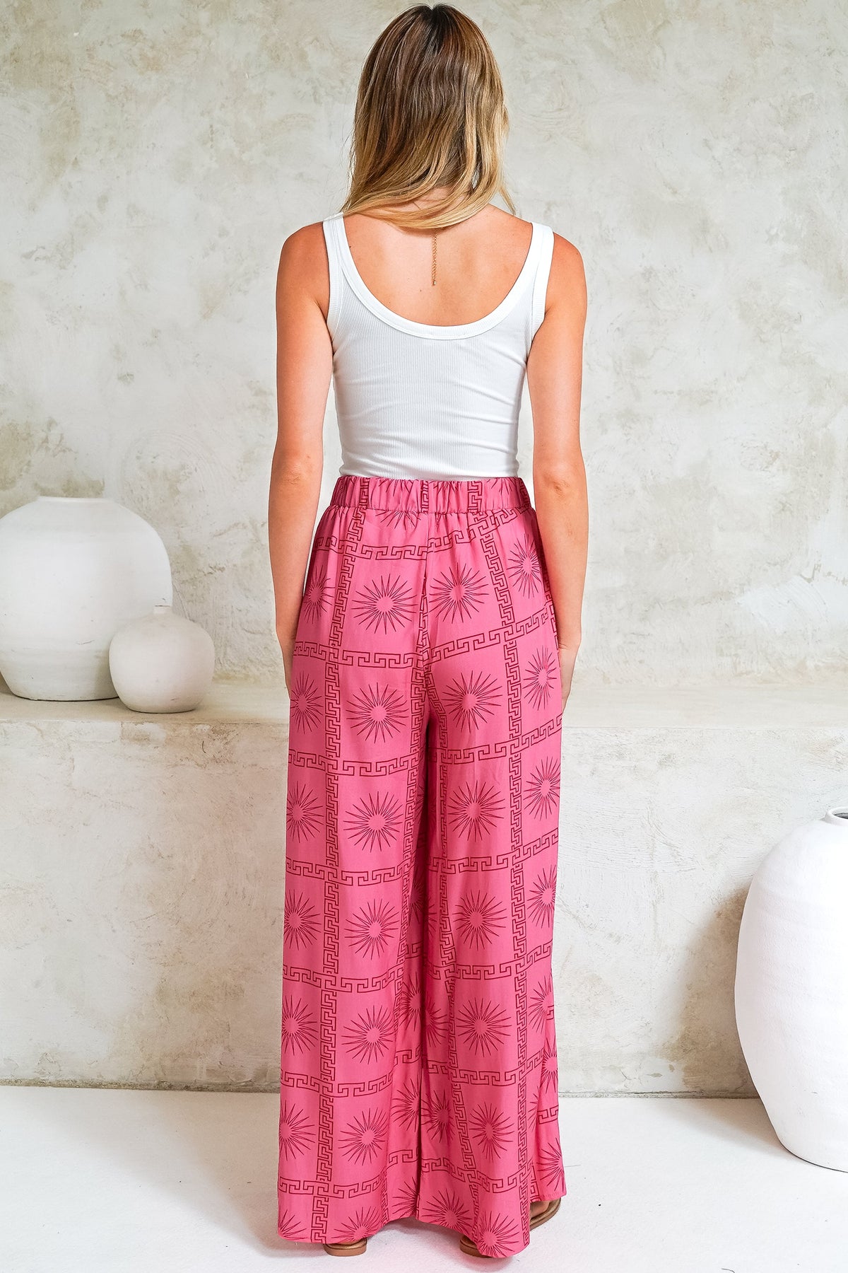 Channing Pants - High Waisted Wide-Leg Pants with Pockets in Astra Print Pink