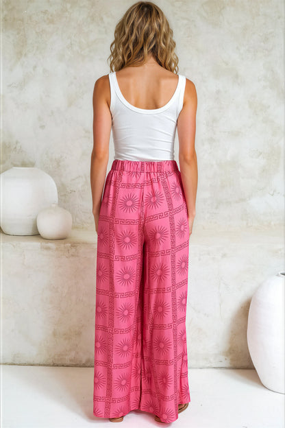 Channing Pants - High Waisted Wide-Leg Pants with Pockets in Astra Print Pink