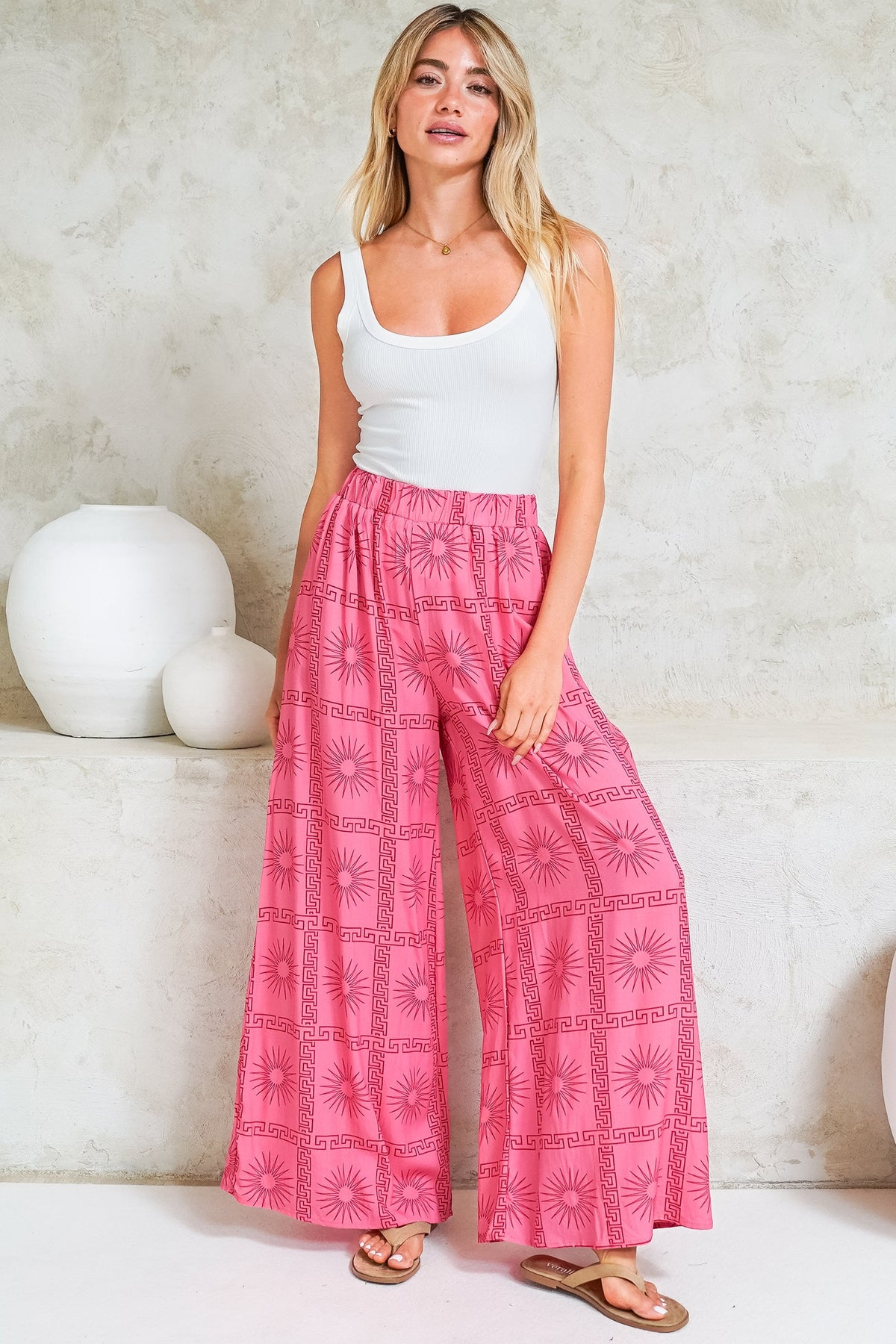 Channing Pants - High Waisted Wide-Leg Pants with Pockets in Astra Print Pink