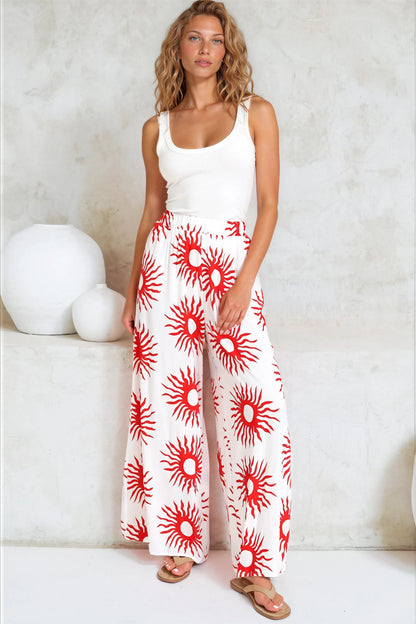 Channing Pants - High Waisted Wide-Leg Pants with Pockets in Solar Print Red