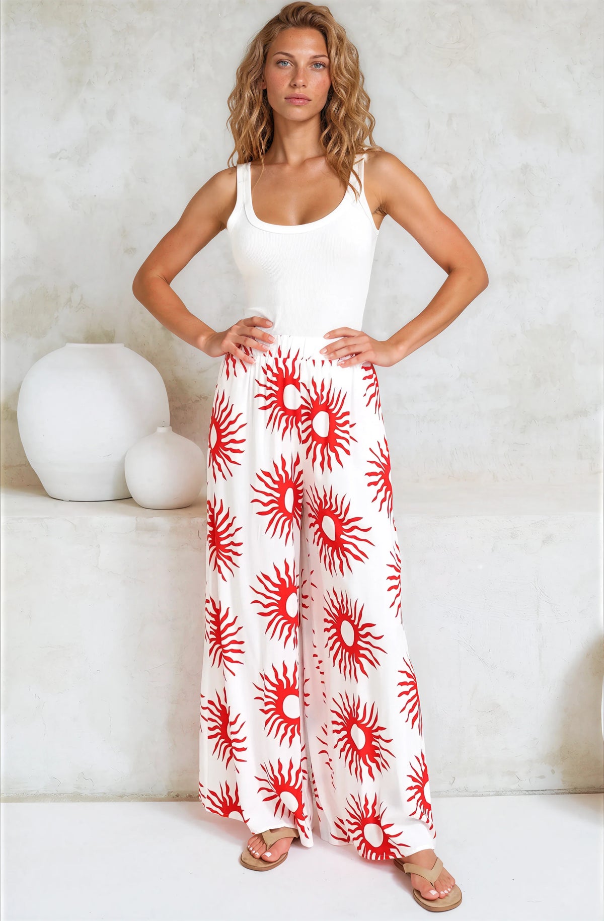 Channing Pants - High Waisted Wide-Leg Pants with Pockets in Solar Print Red