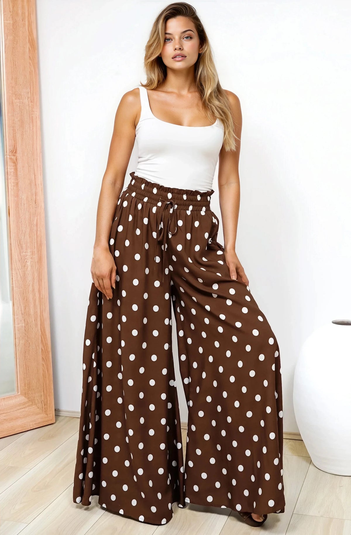 Charli Pants -  Paper Bag High Waisted Wide Leg Pants in Ashti Spot Print Brown