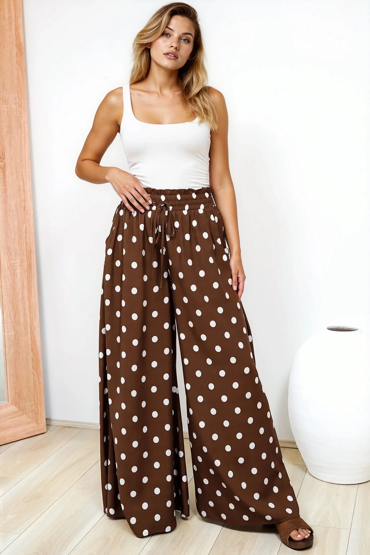 Charli Pants -  Paper Bag High Waisted Wide Leg Pants in Ashti Spot Print Brown