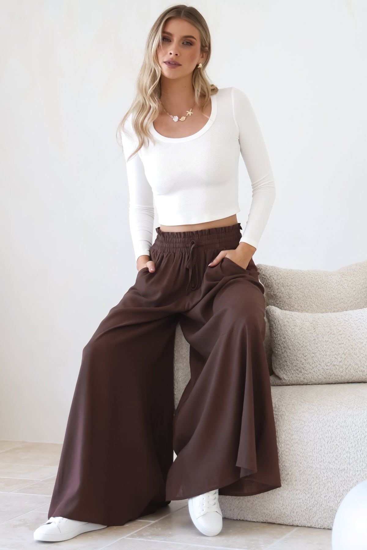 Charli Pants - Paper Bag High Waisted Wide Leg Pants in Brown