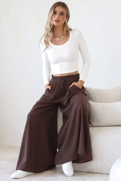 Charli Pants - Paper Bag High Waisted Wide Leg Pants in Brown