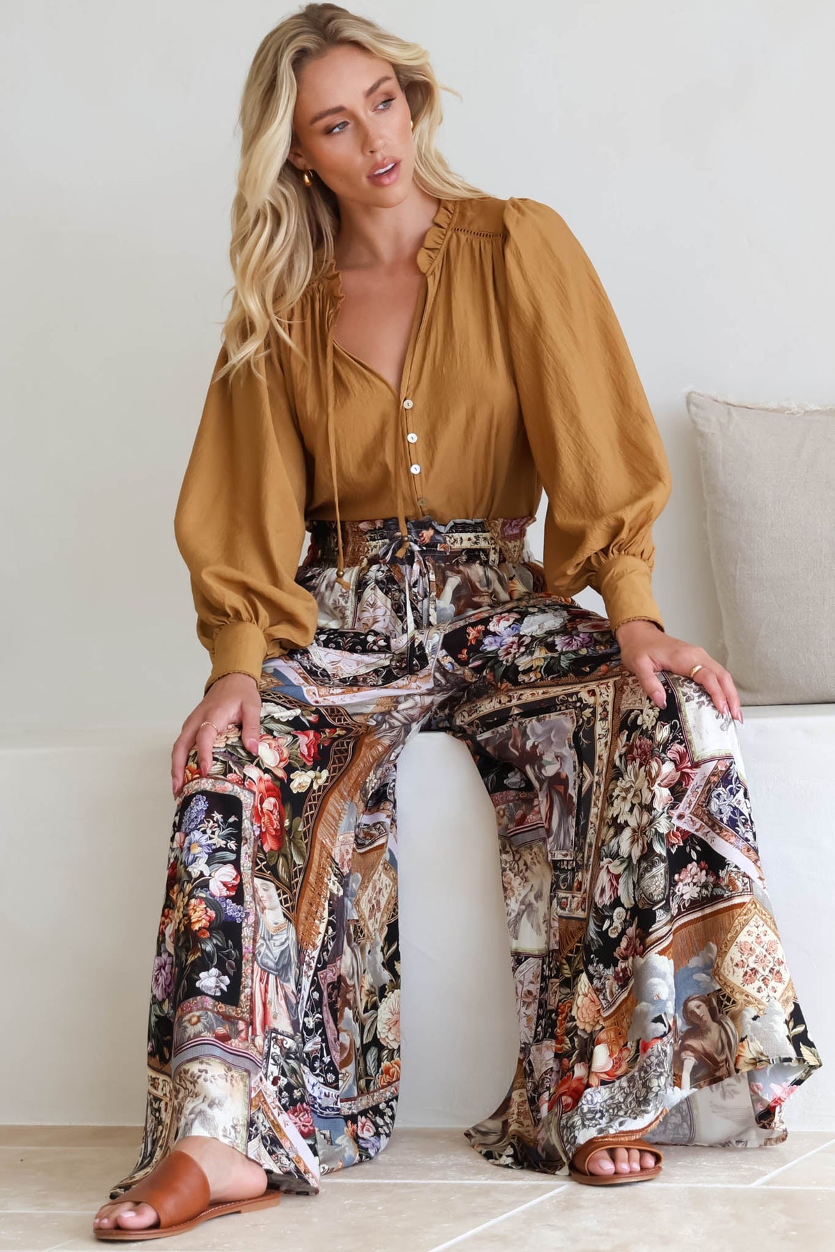 Charli Pants -  Paper Bag High Waisted Wide Leg Pants in Elaine Print