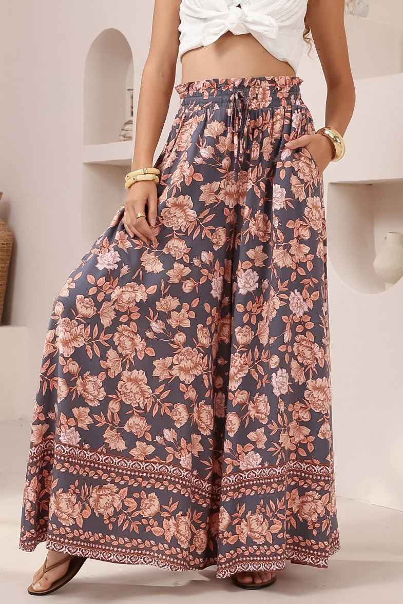 Charli Pants -  Paper Bag High Waisted Wide Leg Pants in Leandra Print