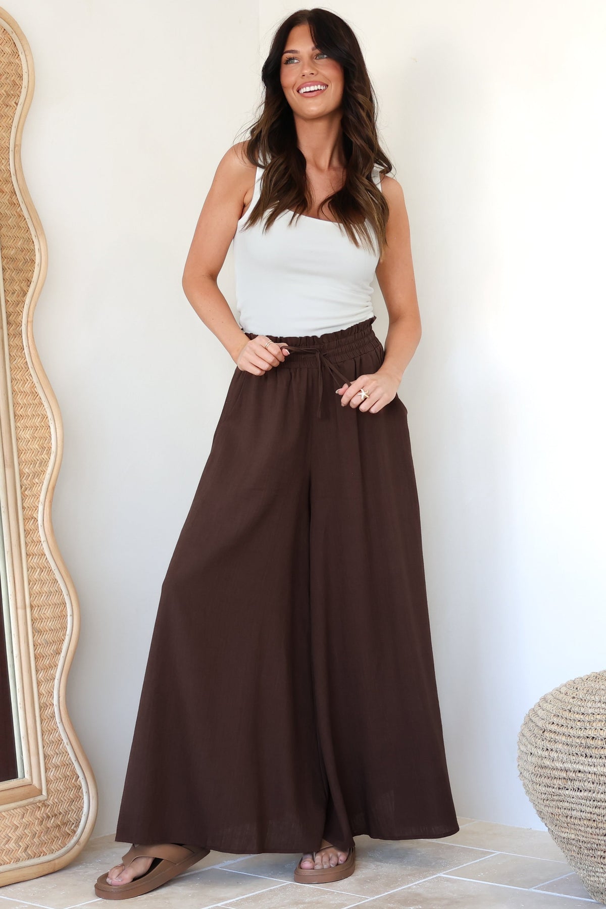 Charli Pants - Paper Bag High Waisted Wide Leg Pants in Brown