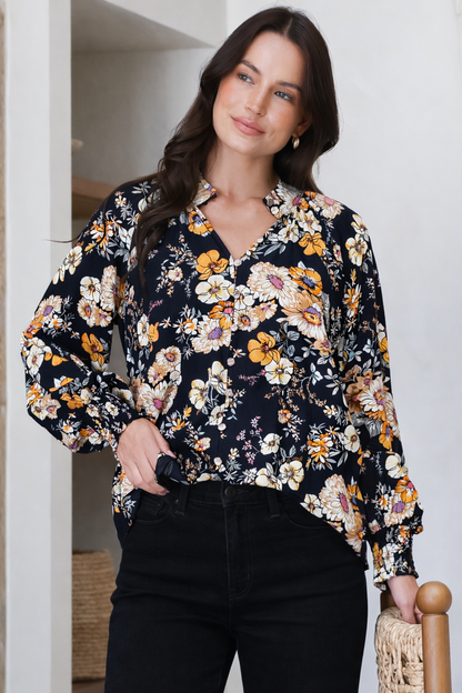 Adora Top - Mandarin Collar Button-Down with Long Balloon Sleeves in Autumn Print