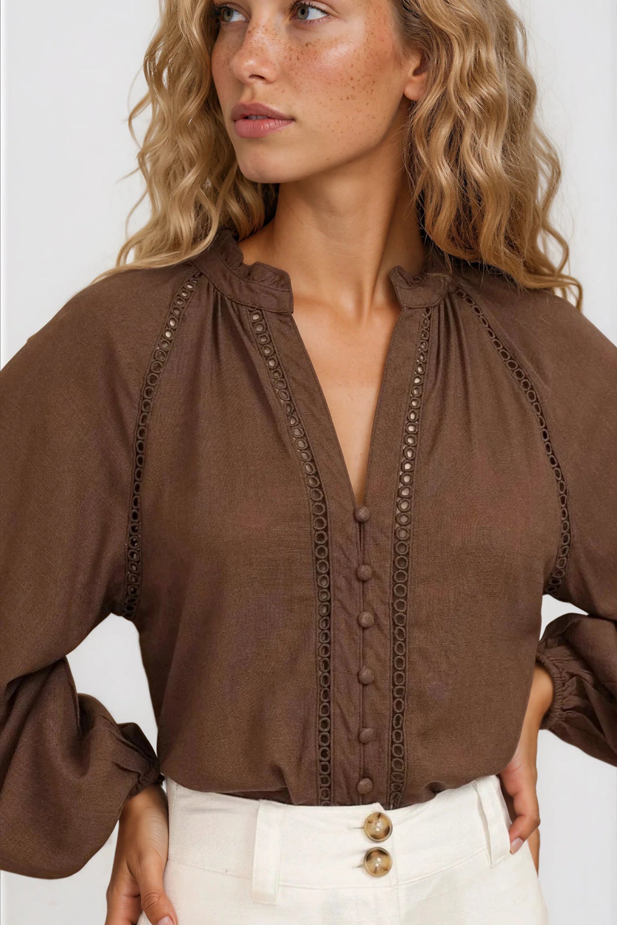 Claire Blouse - Frill Collar Hollow Out Lace Insert Detailed Button Down in Chocolate