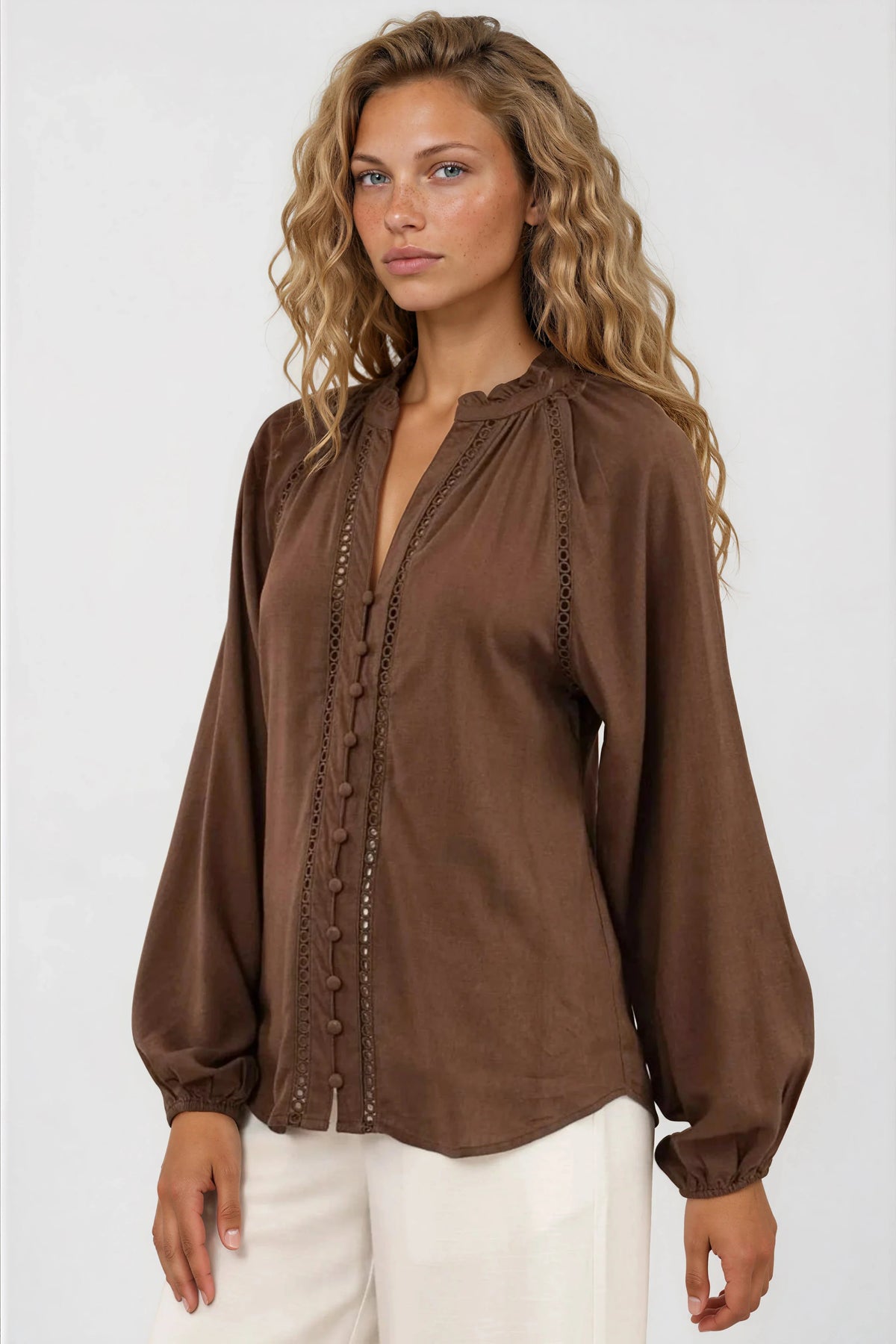 Claire Blouse - Frill Collar Hollow Out Lace Insert Detailed Button Down in Chocolate
