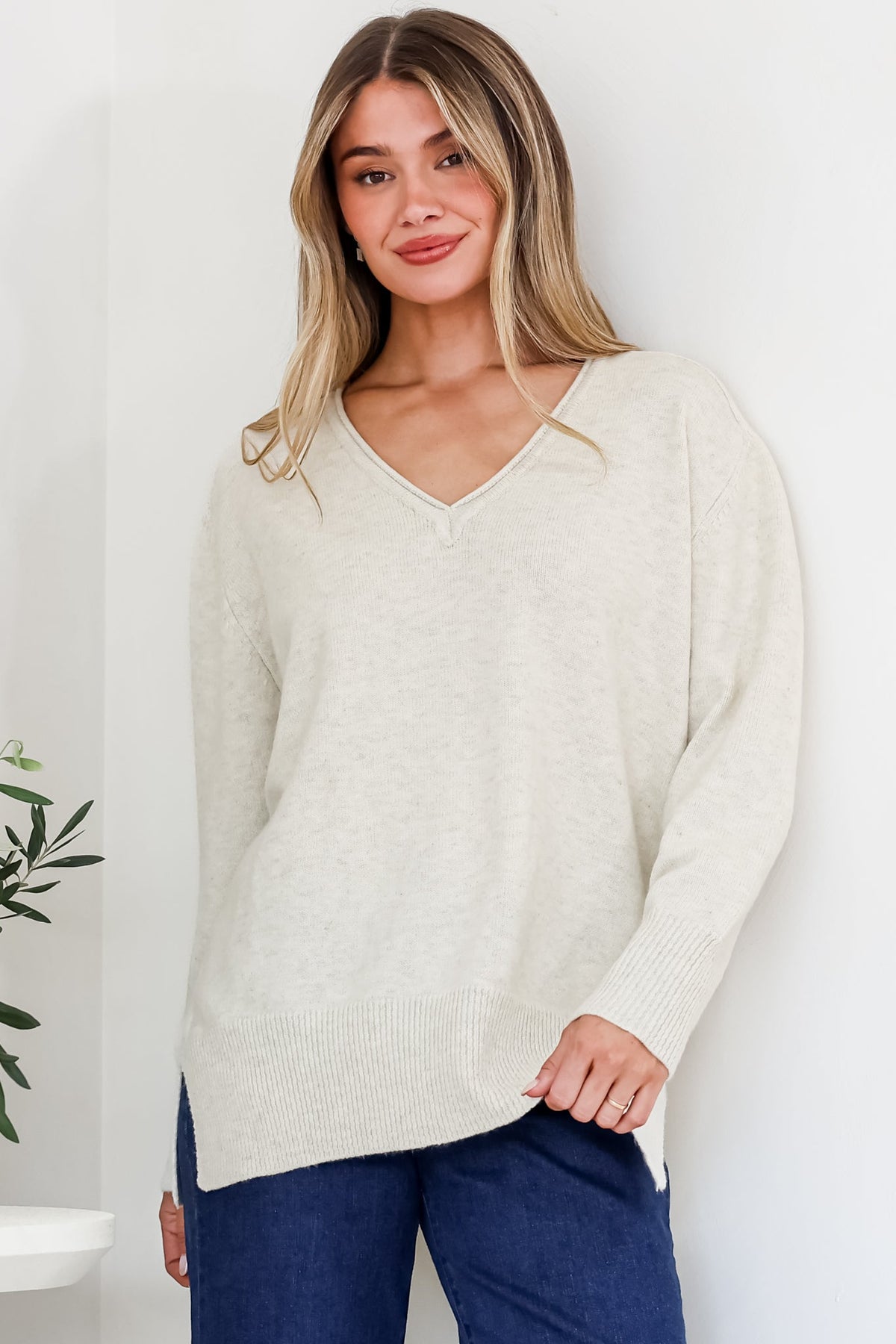 Clarke Jumper - V-Neck Batwing Sleeve Ribbed Step Hemline Knit in Beige