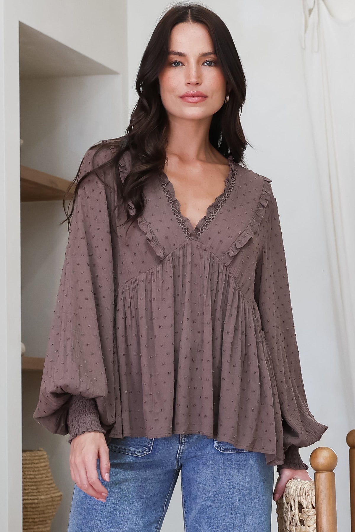 Coral Top - Frill Neckline Empire Bustline Textured Top with Long Balloon Sleeves in Chocolate