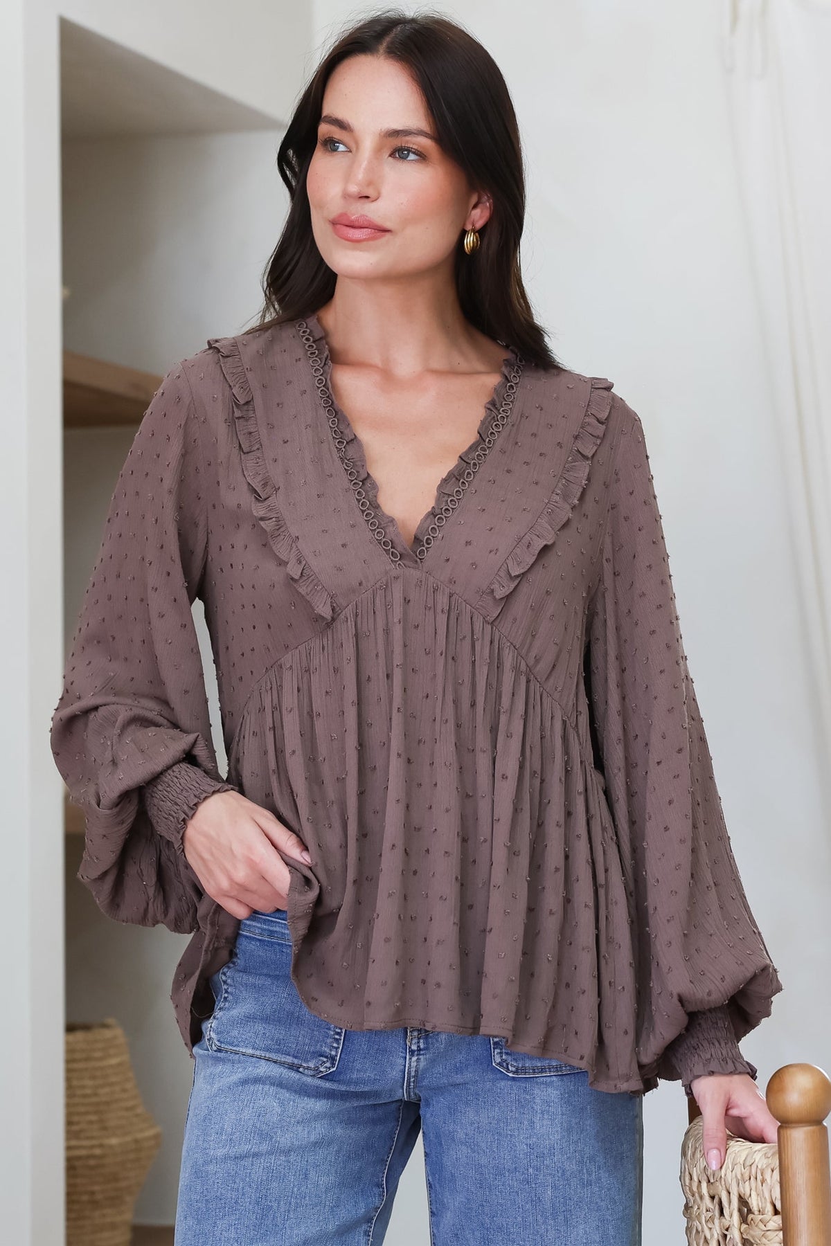 Coral Top - Frill Neckline Empire Bustline Textured Top with Long Balloon Sleeves in Chocolate
