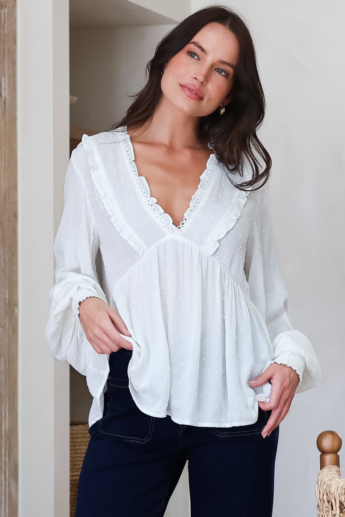 Coral Top - Frill Neckline Empire Bustline Textured Top with Long Balloon Sleeves in White