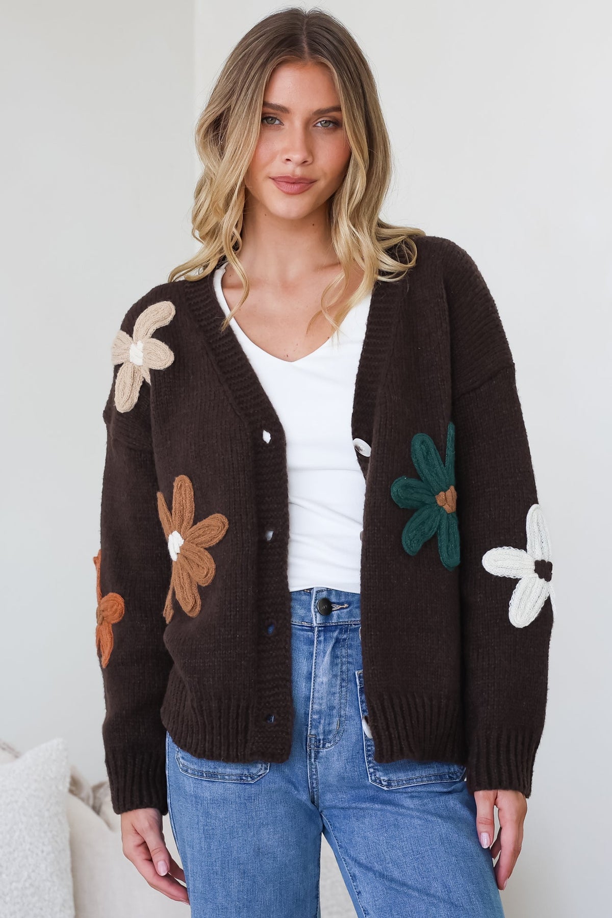Daisy Belle Cardigan - Cropped Thick Knit Cardigan with Flower Decals in Chocolate Multi