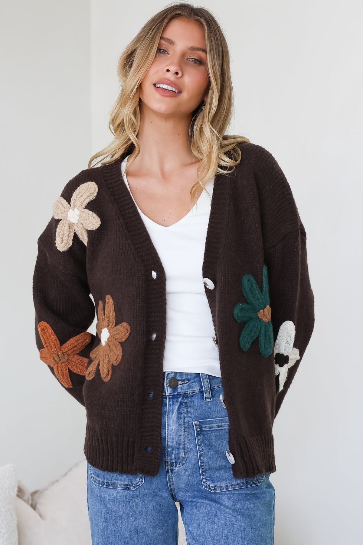 Daisy Belle Cardigan - Cropped Thick Knit Cardigan with Flower Decals in Chocolate Multi