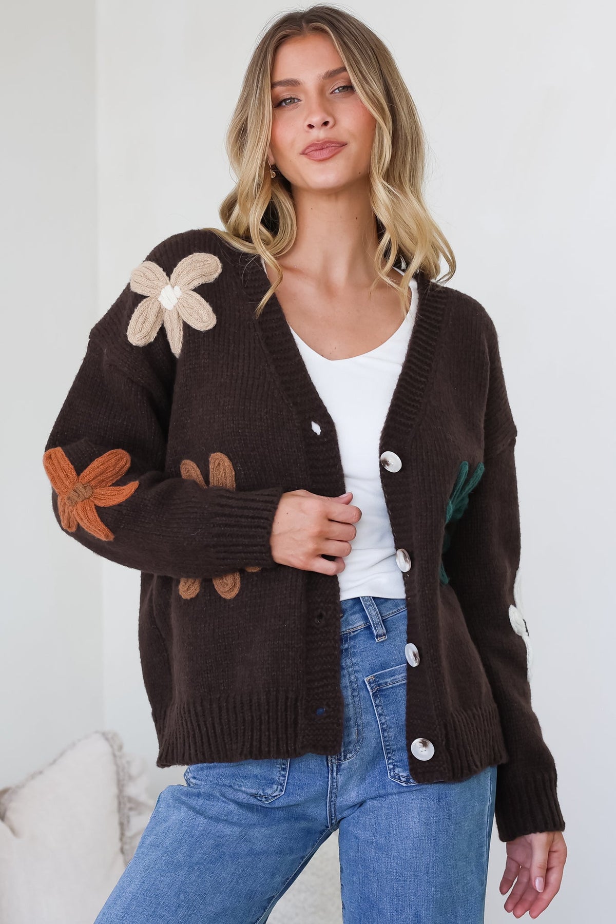 Daisy Belle Cardigan - Cropped Thick Knit Cardigan with Flower Decals in Chocolate Multi