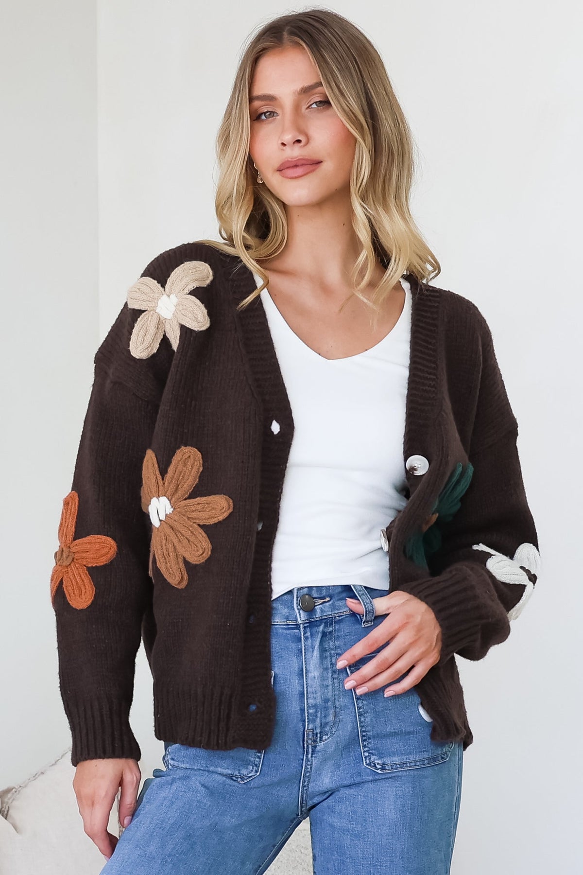 Daisy Belle Cardigan - Cropped Thick Knit Cardigan with Flower Decals in Chocolate Multi
