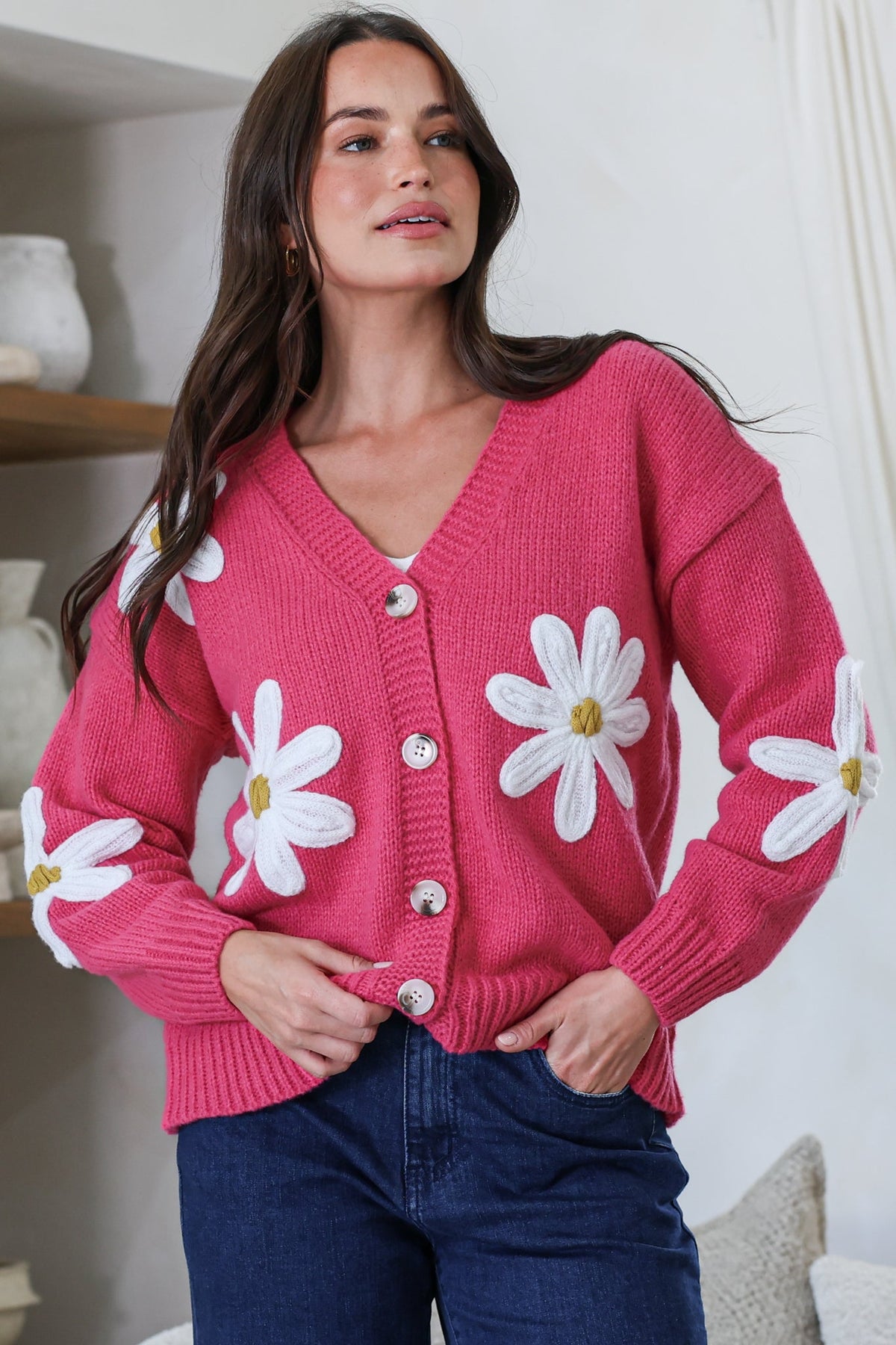 Daisy Belle Cardigan - Cropped Thick Knit Cardigan with Flower Decals in Hot Pink